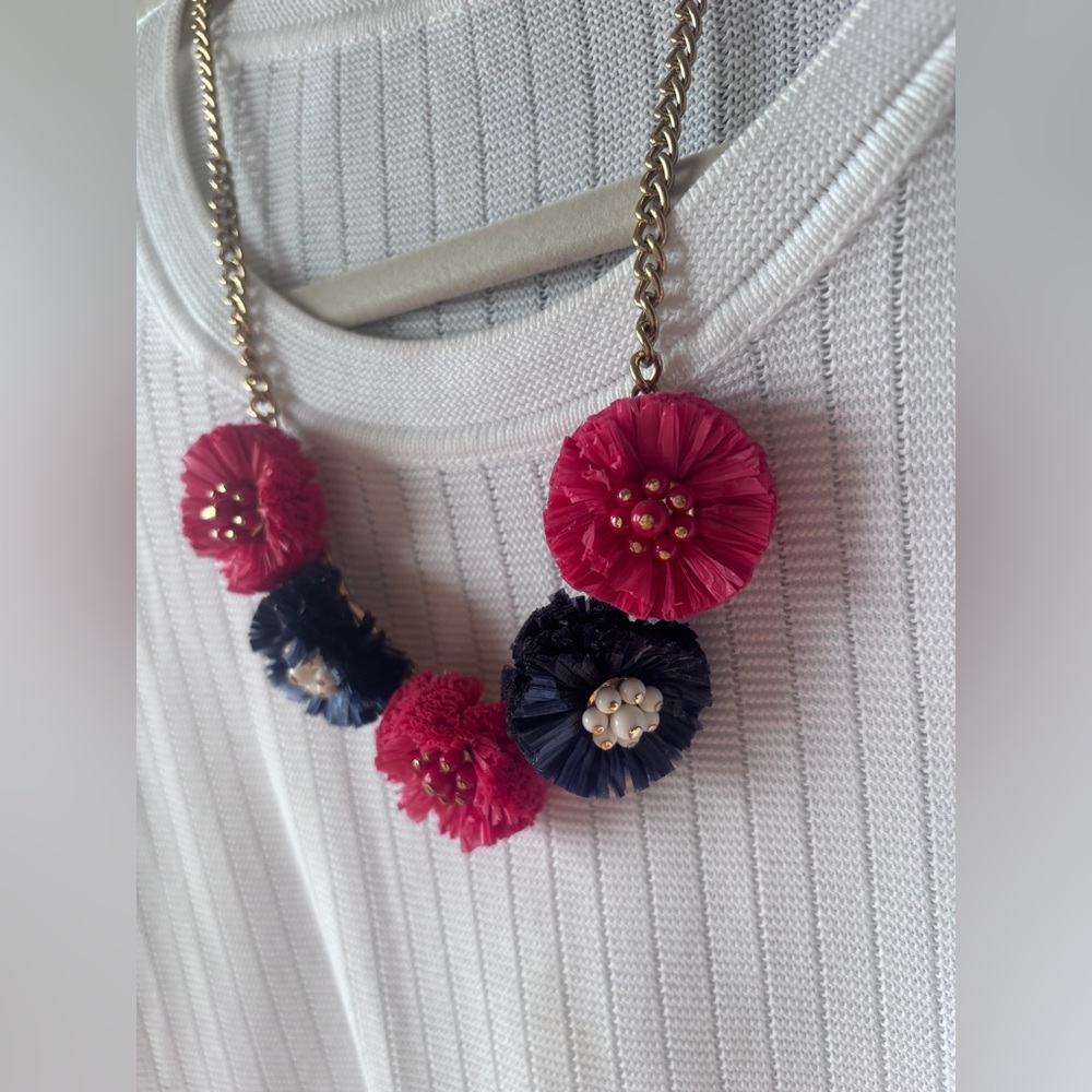 Dark Fuschia and Navy Raffia Stmt Necklace on Gold Chain- adjustable length